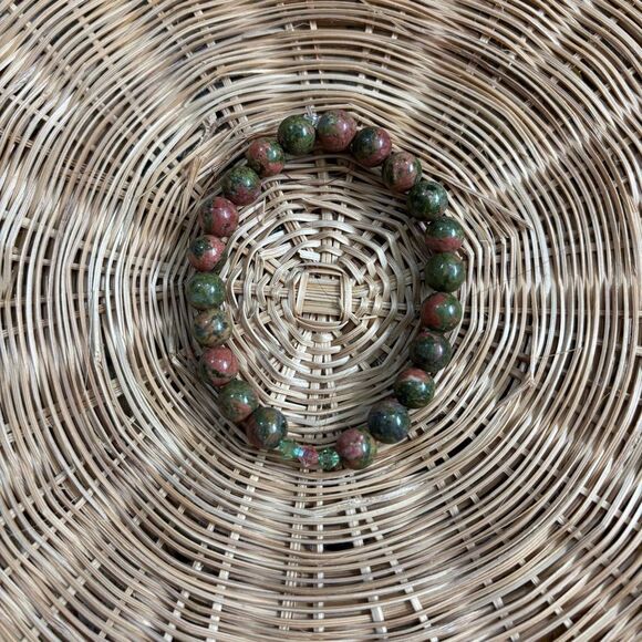 UNAKITE & Swarovski crystal Elegant Green and Pink Beaded Bracelet 7” - Picture 2 of 3